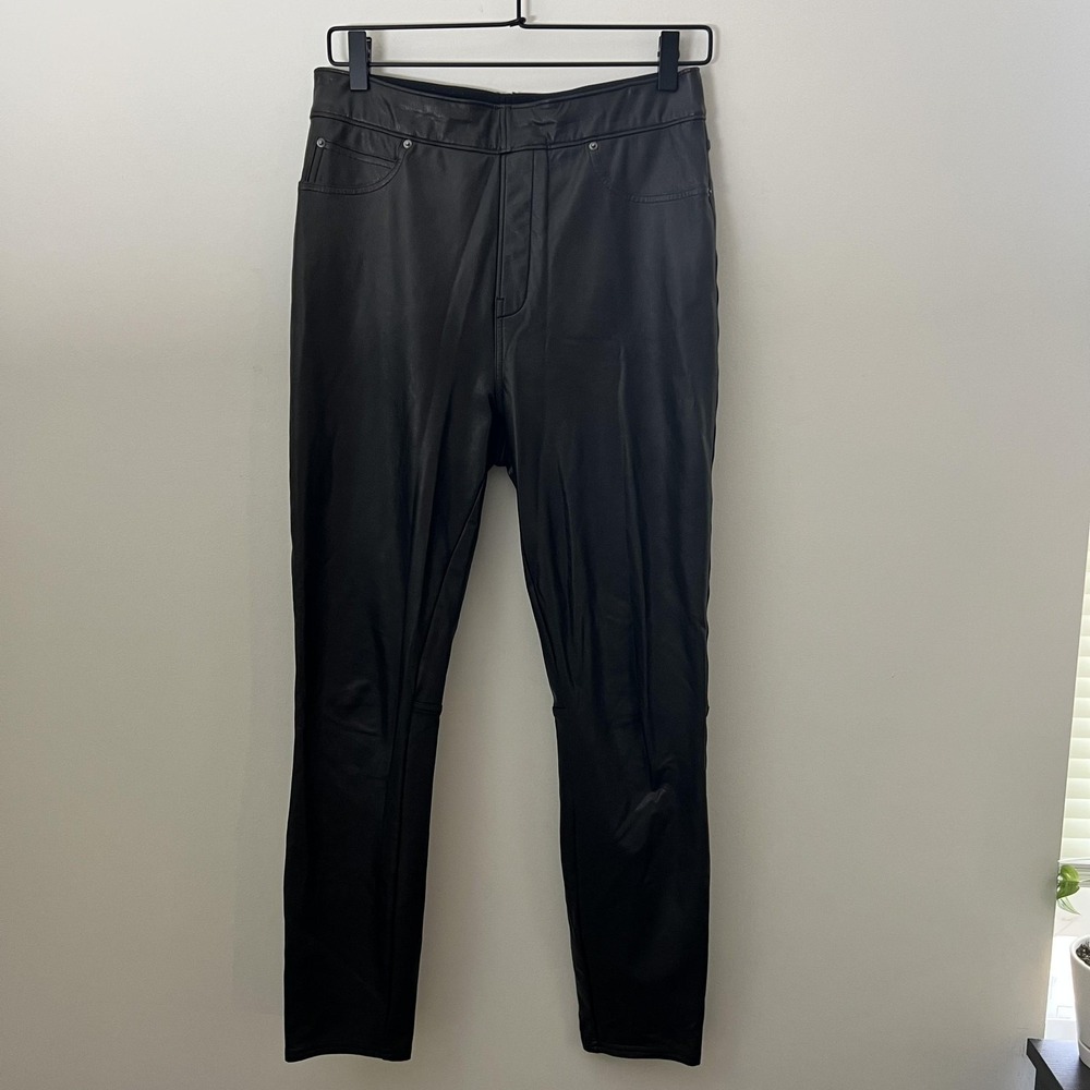 Spanx Faux Leather Pants Medium Black Leggings Skinny Pull On Stretch Moto Goth